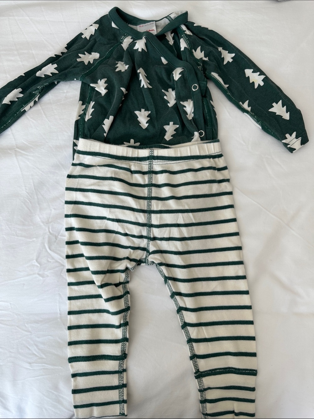 Hanna Andersson - Forest Green Tree Print Baby Onesie and Striped Pants Set